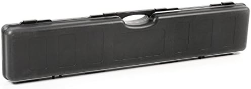 A hard polypropylene rifle case with egg-crate convoluted foam, built-in roller wheels, and snap latches measuring 48.6 inches long.